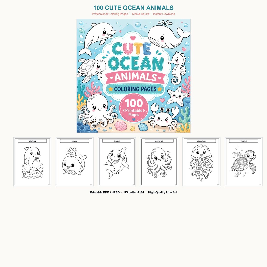 100 Cute Ocean Animals Coloring Pages | Printable Sea Life Coloring Book for Kids & Adults | Digital Instant Download PDF | Activity Sheets